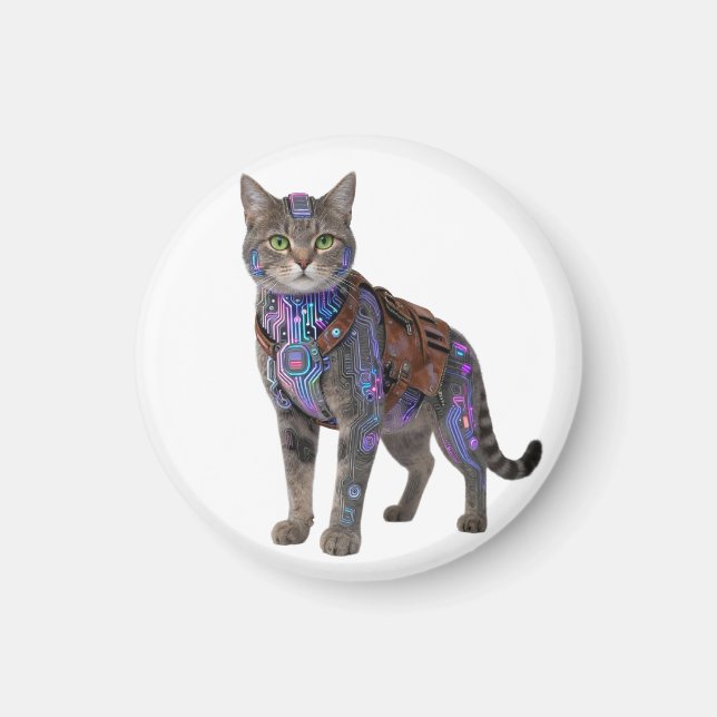 Cyberpunk Circuit Cat – Neon Tech Beast Magnet (Front)