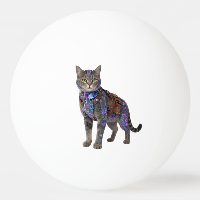 Cyberpunk Circuit Cat – Neon Tech Beast Ping Pong Ball (Front)