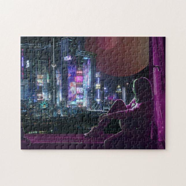 cyberpunk city skyline girl scifi synthwave jigsaw puzzle (Horizontal)