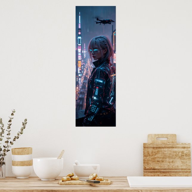 Cyberpunk Cityscape Poster Futuristic Female Hacke (Kitchen)