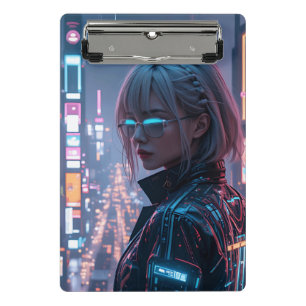 Cyberpunk Cityscape Poster Futuristic Female Hacke Mini Clipboard