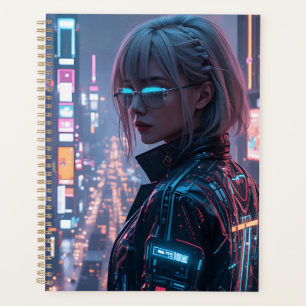 Cyberpunk Cityscape Poster Futuristic Female Hacke Planner