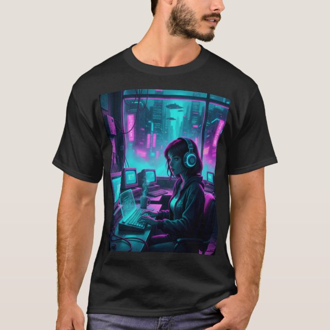 Cyberpunk Coder Girl – Retro Future Hacker Art T-Shirt (Front)