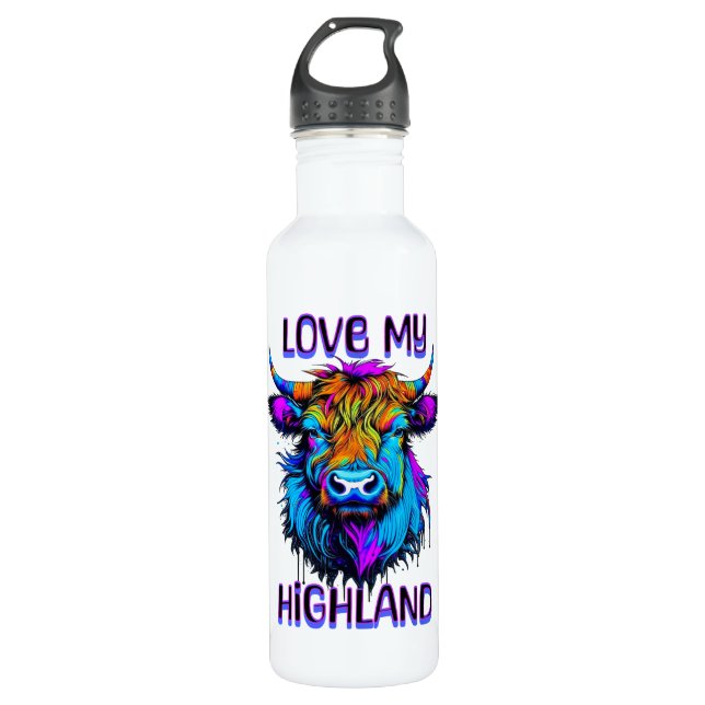 Cyberpunk Colourful Ai Highland Cow 710 Ml Water Bottle (Front)