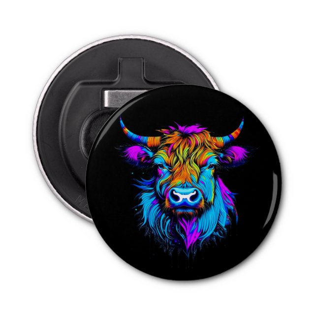 Cyberpunk Colourful Ai Highland Cow Bottle Opener (Front)