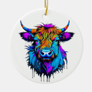 Cyberpunk Colourful Ai Highland Cow Christmas Ceramic Tree Decoration
