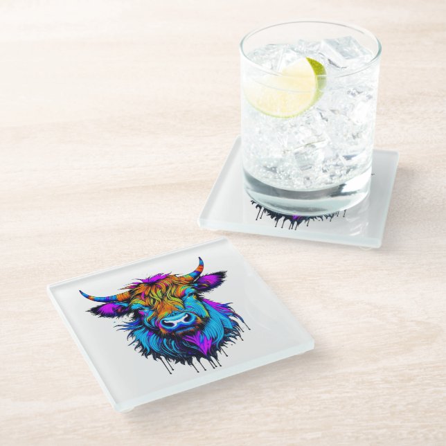 Cyberpunk Colourful Ai Highland Cow Glass Coaster (Angled)