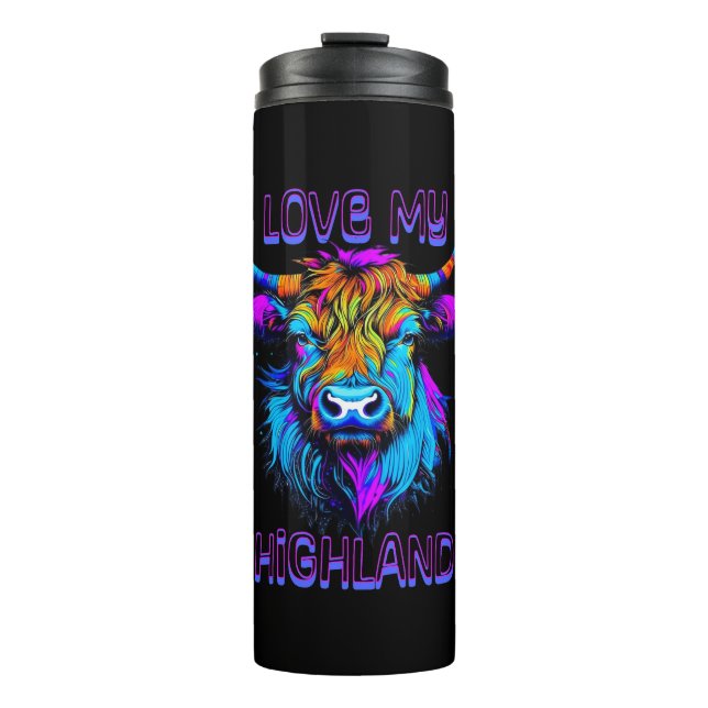 Cyberpunk Colourful Ai Highland Cow Thermal Tumbler (Front)