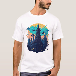Cyberpunk colourful city in Watercolor style T-Shirt