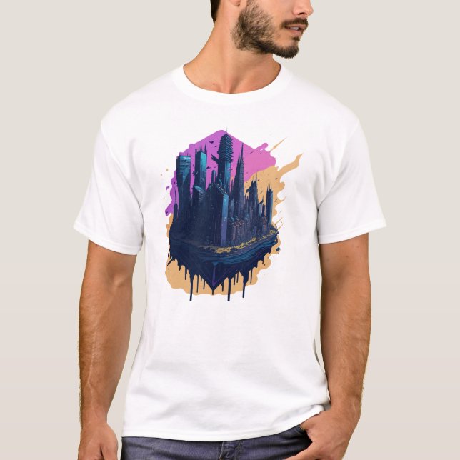 Cyberpunk colourful city in Watercolor style T-Shirt (Front)