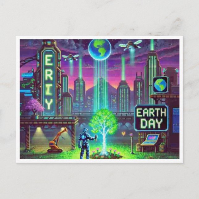 Cyberpunk Earth Day 16-Bit Pixel Art Postcard (Front)