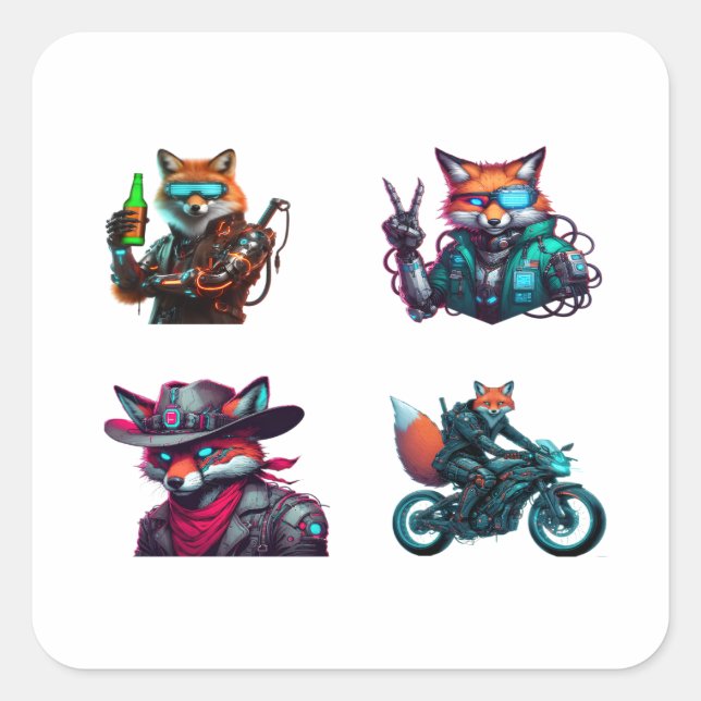 Cyberpunk Fox Funny 4 Pack Stickers (Front)