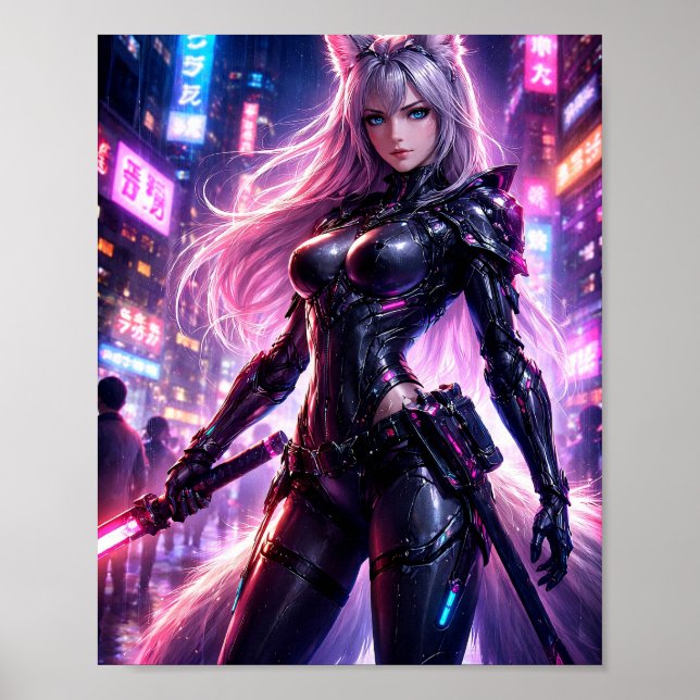 Cyberpunk Fox Warrior Neon City Poster (Front)