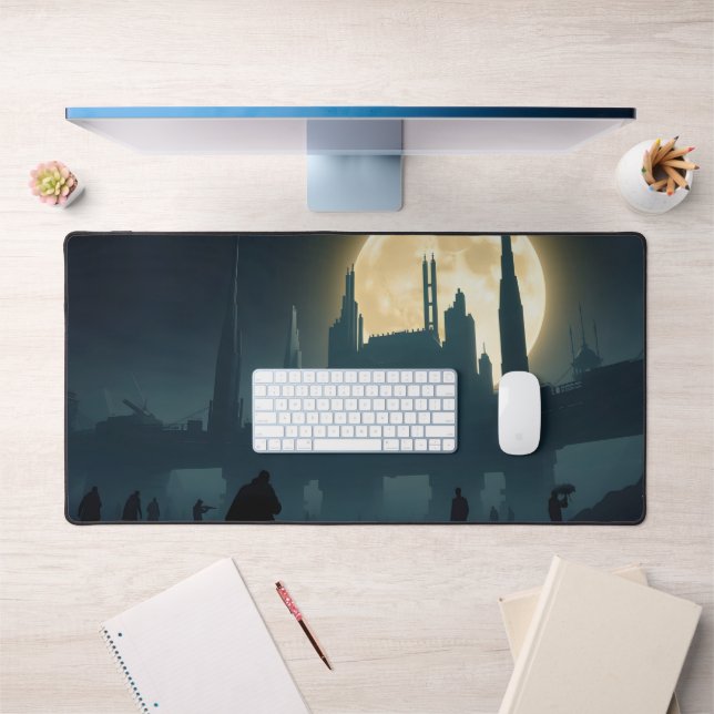 Cyberpunk Full Moon Desk Mat – Futuristic Cityscap (Office 1)