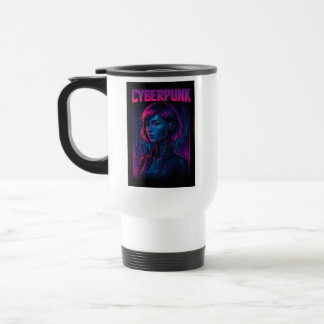 Cyberpunk Future: Neon Cityscape and Cyborg Travel Mug