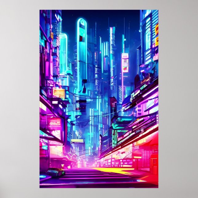 Cyberpunk Futuristic Neon City Poster (Front)