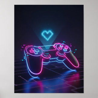 Cyberpunk Gaming Controller – Neon Pixel Heart Poster