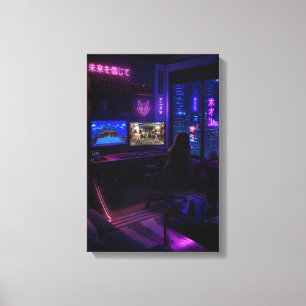 Cyberpunk Gaming Setup Neon Room Aesthetic Art Pos Canvas Print