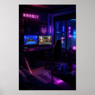Cyberpunk Gaming Setup Neon Room Aesthetic Art Pos Poster