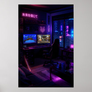 Cyberpunk Gaming Setup Neon Room Aesthetic Art Pos Poster