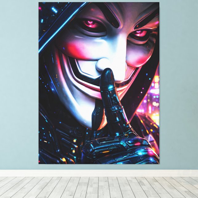 Cyberpunk Hacker Mask Shush Neon Glow Canvas Print (Insitu(Wood Floor))