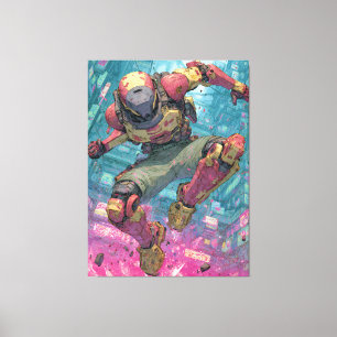 Cyberpunk Mecha Pilot Leap Neon City Action Art Canvas Print