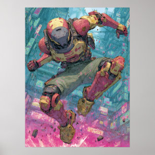 Cyberpunk Mecha Pilot Leap Neon City Action Art Poster