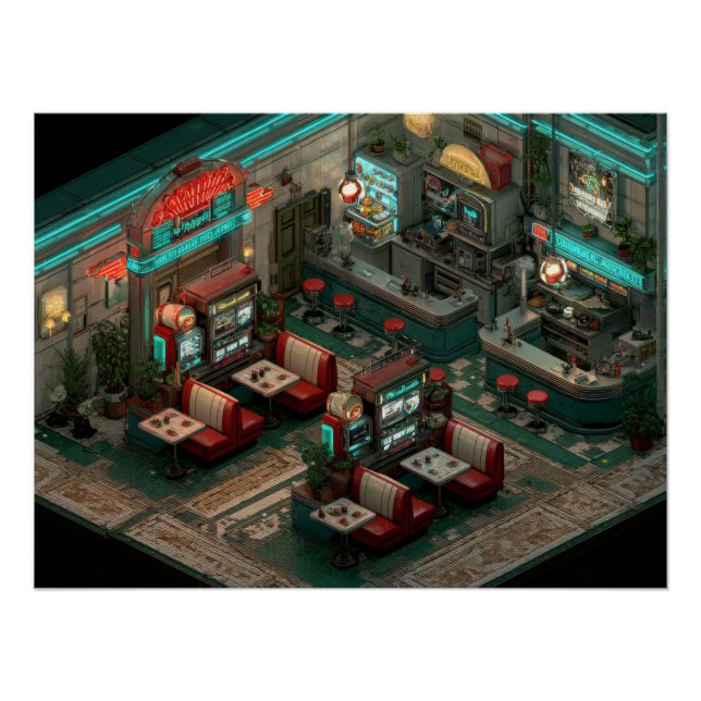 Cyberpunk Neon Diner Isometric Art Poster (Front)
