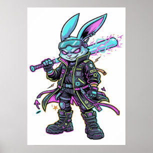 Cyberpunk Neon Rabbit Warrior – Futuristic Bunny Poster
