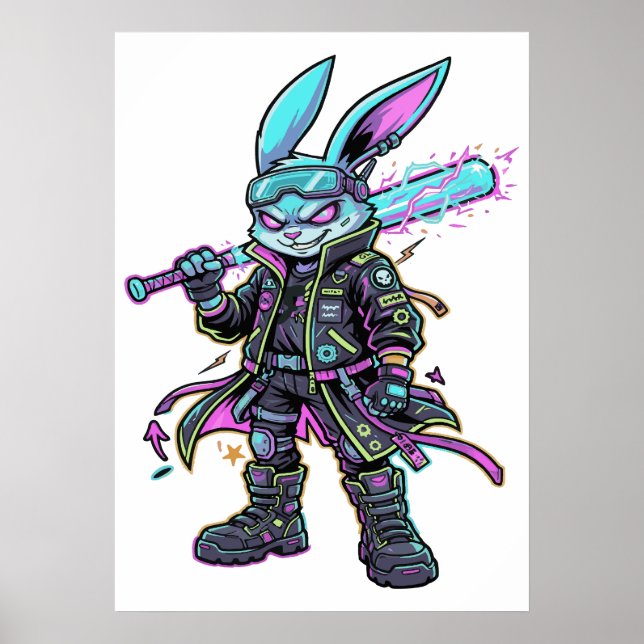 Cyberpunk Neon Rabbit Warrior – Futuristic Bunny Poster (Front)