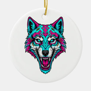 Cyberpunk Neon Wolf - Synthwave Robotic Animal Ceramic Tree Decoration