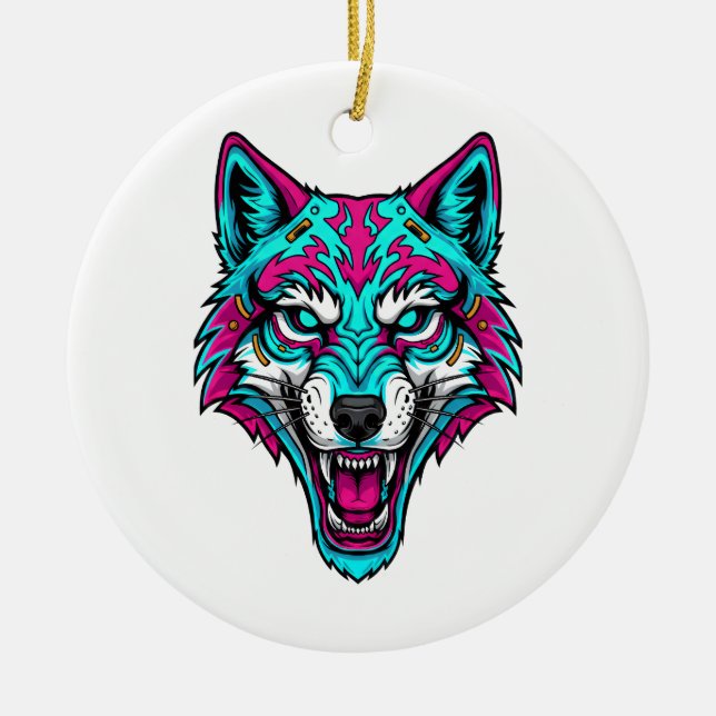 Cyberpunk Neon Wolf - Synthwave Robotic Animal Ceramic Tree Decoration (Front)