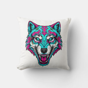 Cyberpunk Neon Wolf - Synthwave Robotic Animal Cushion