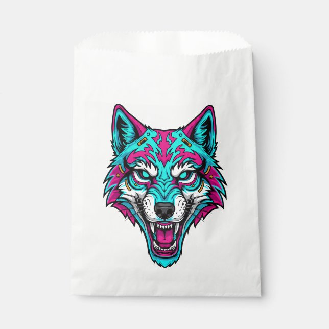 Cyberpunk Neon Wolf - Synthwave Robotic Animal Favour Bags (Front)