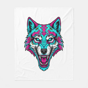 Cyberpunk Neon Wolf - Synthwave Robotic Animal Fleece Blanket