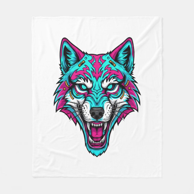 Cyberpunk Neon Wolf - Synthwave Robotic Animal Fleece Blanket (Front)