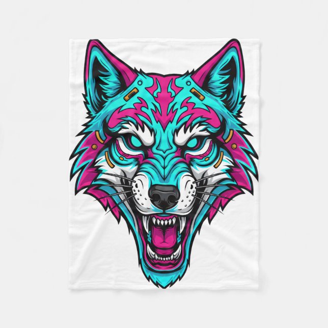 Cyberpunk Neon Wolf - Synthwave Robotic Animal Fleece Blanket (Front)