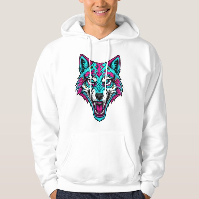 Cyberpunk Neon Wolf - Synthwave Robotic Animal Hoodie (Front)