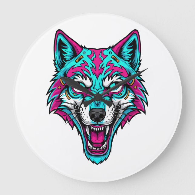 Cyberpunk Neon Wolf - Synthwave Robotic Animal Large Clock (Front)
