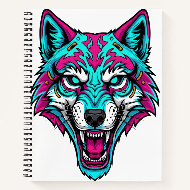 Cyberpunk Neon Wolf - Synthwave Robotic Animal Notebook (Front)