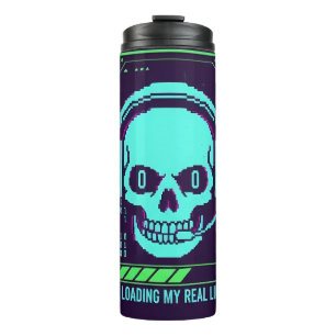 ​Cyberpunk Pixel Skull Travel Mug - Loading My Rea