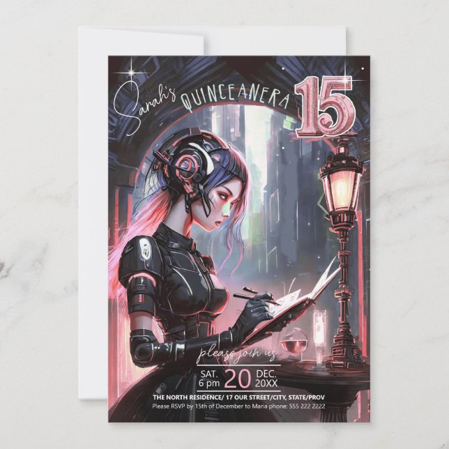 Cyberpunk Quinceanera Rose Gold/Grey ID1027 Invitation (Front)
