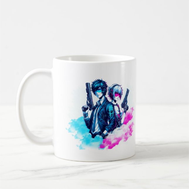 Cyberpunk Rebels – Neon Duo with Blasters mug (Left)