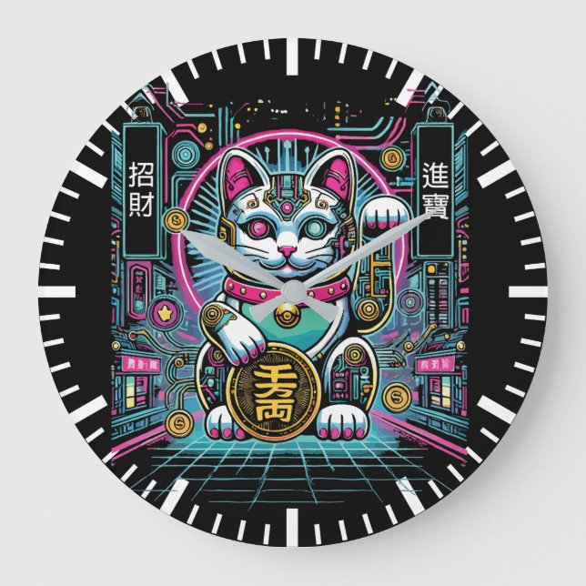 Cyberpunk Robot Maneki Neko Lucky Cat, Money Large Clock (Front)