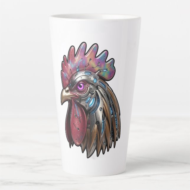 Cyberpunk Rooster Iridescent Mechanical Art  Latte Mug (Front)