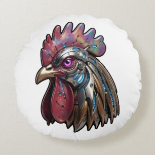 Cyberpunk Rooster Iridescent Mechanical Art Round Cushion