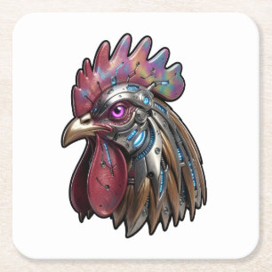 Cyberpunk Rooster Iridescent Mechanical Art Square Paper Coaster