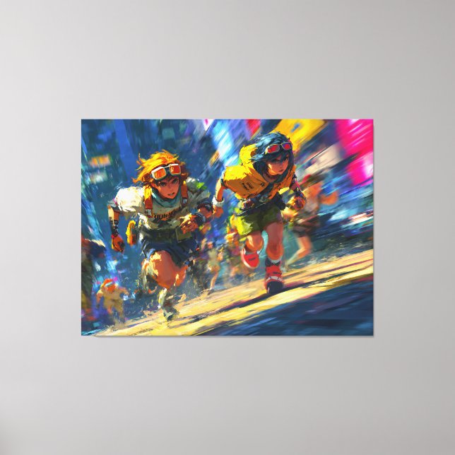 Cyberpunk Runners Sprint Neon Rain City Action Art Canvas Print (Front)