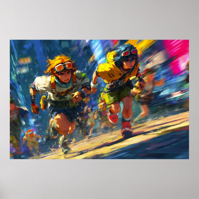 Cyberpunk Runners Sprint Neon Rain City Action Art Poster (Front)