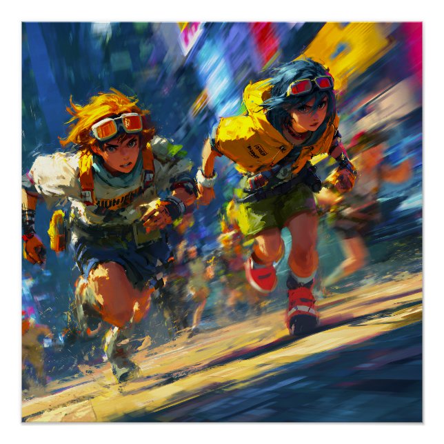 Cyberpunk Runners Sprint Neon Rain City Action Art Poster (Front)